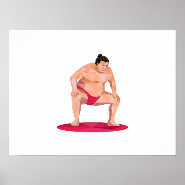 Japansk Sumo Wrestler Squat Low Polygon Poster (Framsidan)