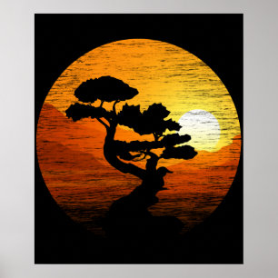 Japansk Sunset Art Nature Japan Bonsai Träd Poster