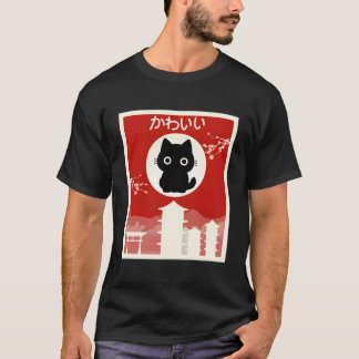 Japansk svart Anime Cat Shirt Kawaii Cat Woodbloc T