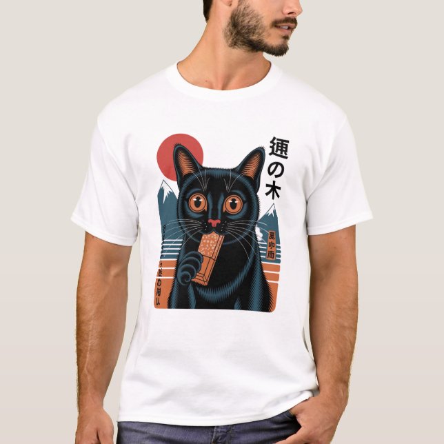 Japansk svart katt med Candy Pub - Retro Manga-St T Shirt (Framsida)