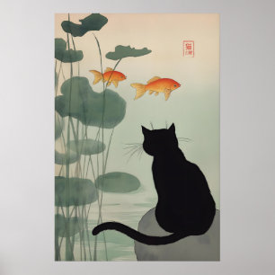 Japansk svart kattkonsttryck damm & guldfisk poster
