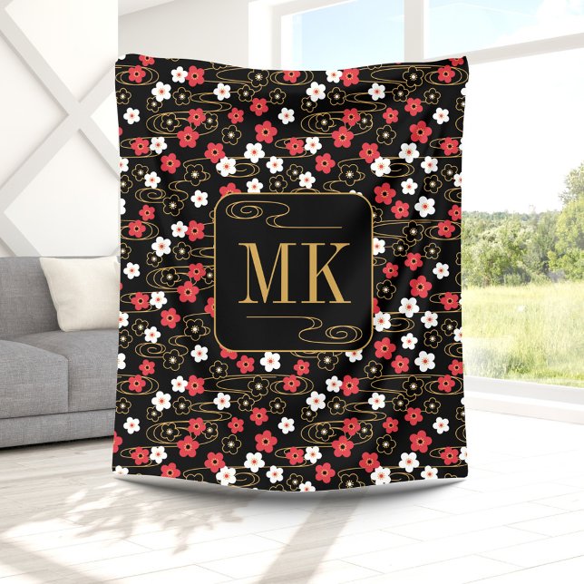 Japansk svart Sakura Blommar Monogram Initialer Fleecefilt (Skapare uppladdad)