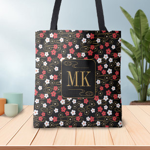 Japansk svart Sakura Blommar Monogram Initialer Tygkasse