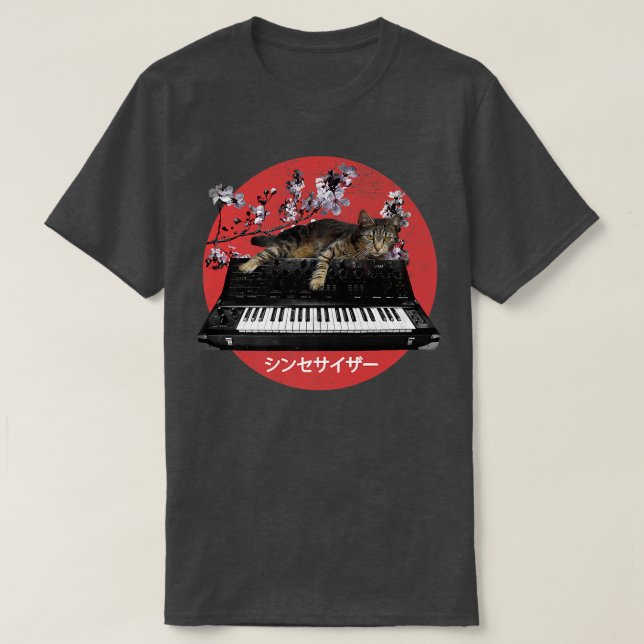 Japansk Synthesizer Cat Cherry Blommar T Shirt (Design framsida)