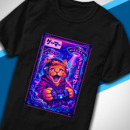 Japansk Synthwave Sci-Fi UFO Katt Cool Gamer T Shirt