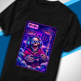 Japansk Synthwave Sci-Fi UFO Skelett Cool Gamer T Shirt