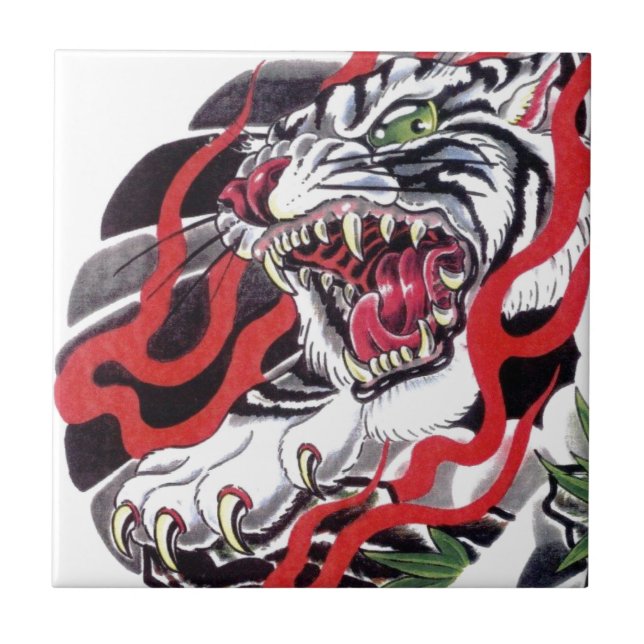 Japansk Tattodesign - vit tiger Kakelplatta (Framsidan)