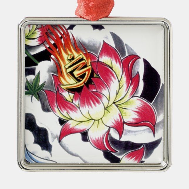 Japansk Tattoo Stil Flaming Lotus Flower Julgransprydnad Metall (Framsidan)