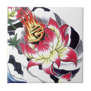 Japansk Tattoo Stil Flaming Lotus Flower Kakelplatta