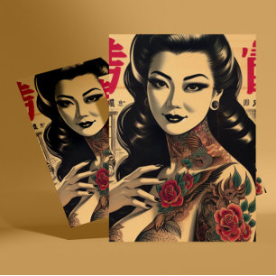 Japansk tattooed Pin-up Vykort