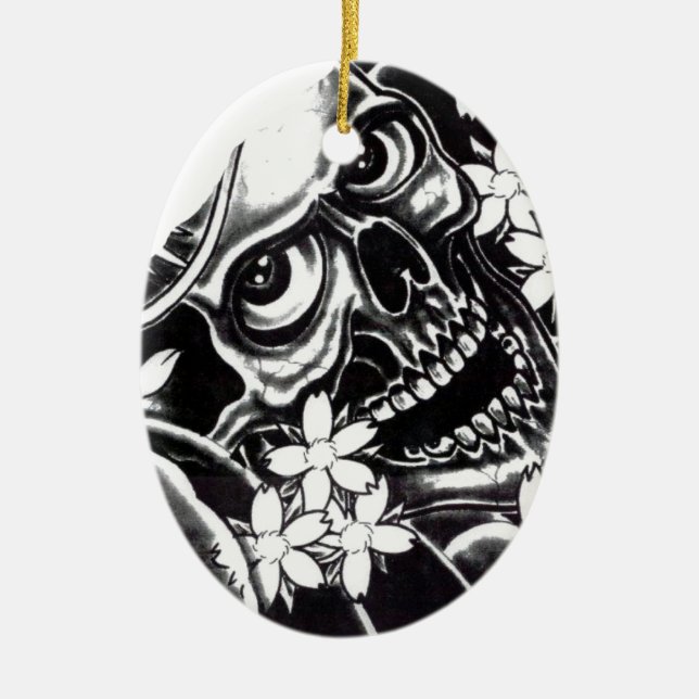 Japansk tatuering skalle julgransprydnad keramik (Framsidan)