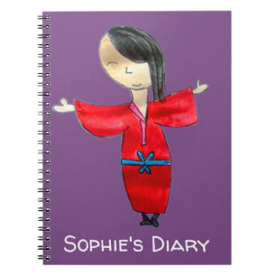 Japansk tecknad doll röd kimono söt konstdagbok anteckningsbok