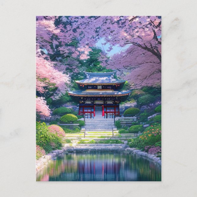 Japansk tempel i en fantastisk trädgård vykort (Framsida)