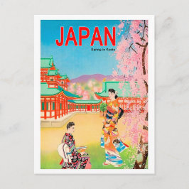 Japansk tempel om våren, geishor på promenad vykort