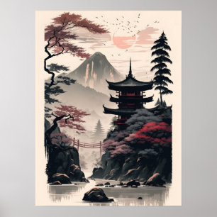 Japansk tempellandskapsaffisch – Zen Mountain Poster