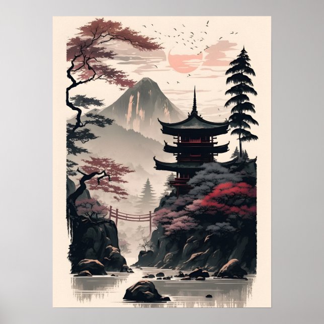Japansk tempellandskapsaffisch – Zen Mountain Poster (Framsidan)