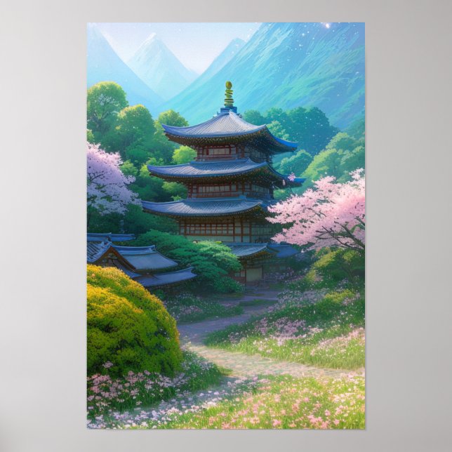 Japansk Temple Amidst Bevackra Scenery Poster (Framsidan)