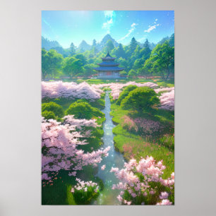 Japansk Temple i Sakura Fält Poster
