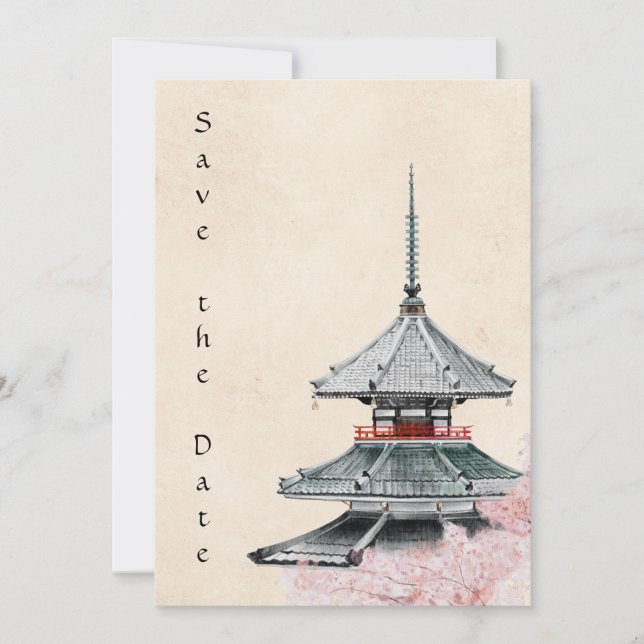 Japansk Temple och Cherry Blommar Bröllop Spara Datumet (Framsida)