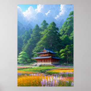 Japansk Temple vid Forest's Kant Poster