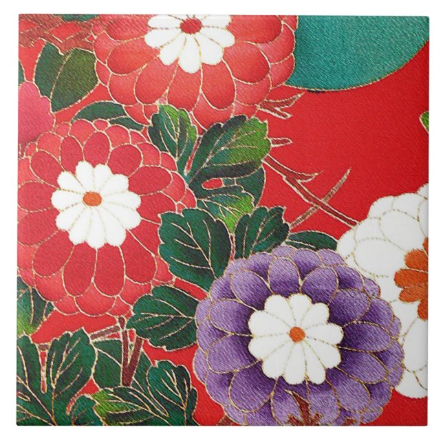 Japansk textil för vintage - röda Dahlias Kakelplatta (Framsidan)
