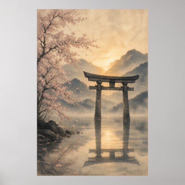 Japansk Torii Solnedgång Japandi Väggkonst Poster (Framsidan)
