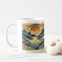 Japansk Träblock Berg Solnedgång Tempelsjö Konst Kaffemugg