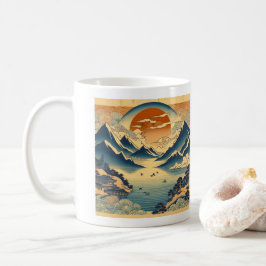 Japansk Träblock Berg Solnedgång Tempelsjö Konst Kaffemugg