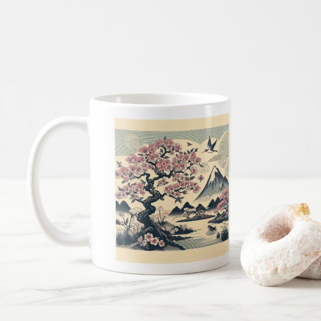 Japansk Träblockskyrkblomster Trana Mount Fuji Kaffemugg (Med munk)