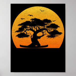 Japansk Träd Zen Buddhist Orange Sunset Bonsai Poster
