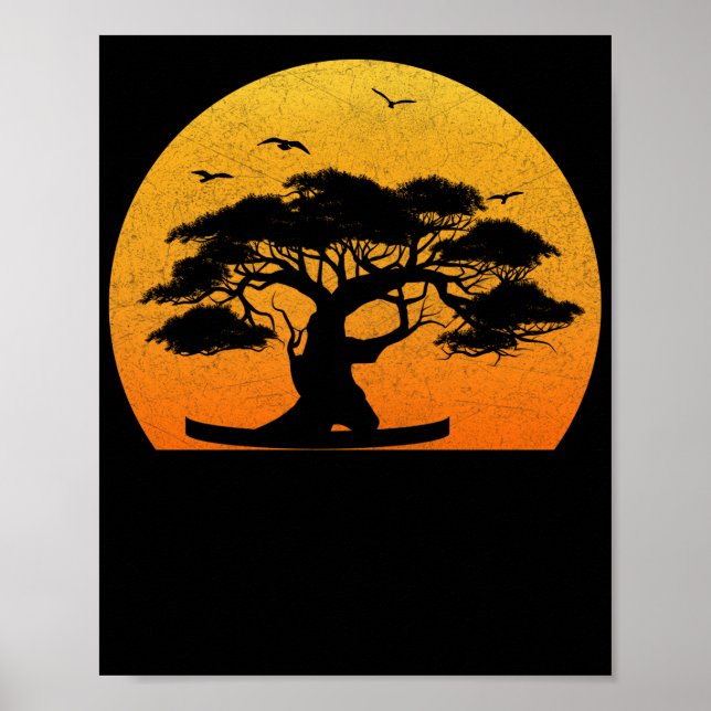 Japansk Träd Zen Buddhist Orange Sunset Bonsai Poster (Framsidan)