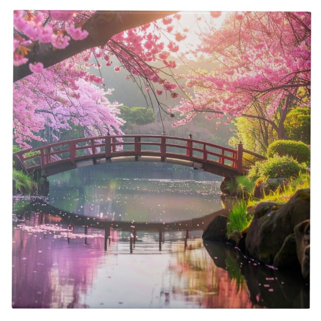 Japansk trädgård, körsbärsblomssäsong. kakelplatta (Framsidan)