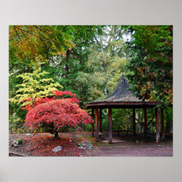 Japansk trädgårdspaviljong och höstlöv poster