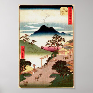 Japansk träklosskonst Ukiyo-E för by w/Mountain Poster