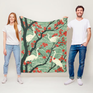 Japansk Trana och Körsbärsblomma - Orientalisk Kon Fleecefilt