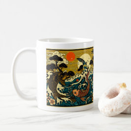 Japansk träsnitt Guld Karp Peony Vågor Konst Kaffemugg