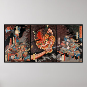 Japansk Triptych för vintage: Samurai vs. den Oni Poster