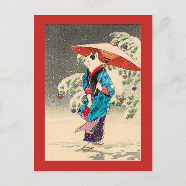 Japansk ukiyoe cat christmas helg vykort (Framsida)
