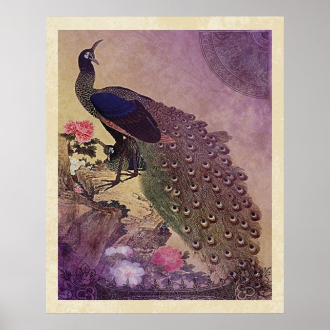Japansk utskrift av vintage Peacock och Peonies Poster (Framsidan)