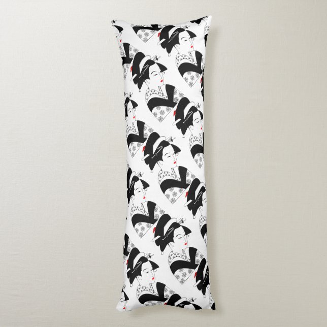 Japansk vacker Woman Geisha Black White Pillow Kroppskudde (Baksidan (Vertikal))
