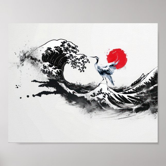 Japansk våg, häger, minimal målningskonst poster (Framsidan)