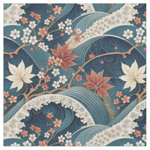 Japansk våg & körsbärsblomsterblommig mönsterkonst tyg