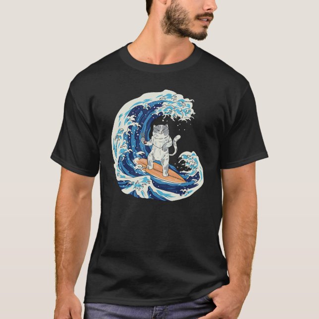 Japansk våg surfing katt äter sushi 1 t shirt (Framsida)