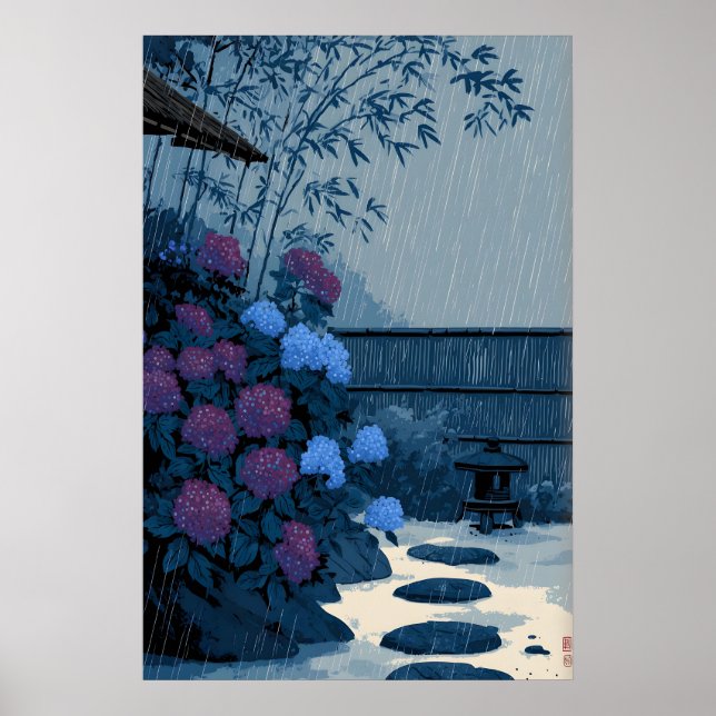 Japansk väggkonst med regn - Tyst trädgårdsscen me (Framsidan)