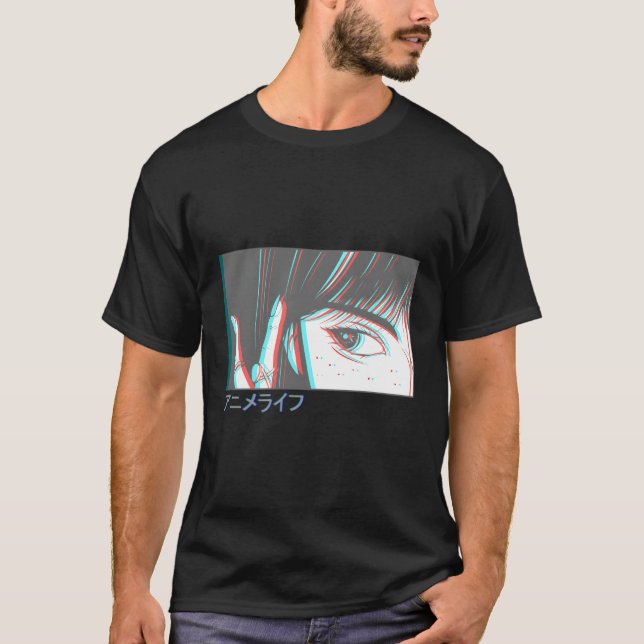 Japansk Vaporwave Anime Ögon Aesthetic Glitch Har T Shirt (Framsida)