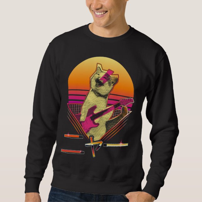 Japansk Vaporwave Electric Guitar spelar Cat Meo Lång Ärmad Tröja (Framsida)