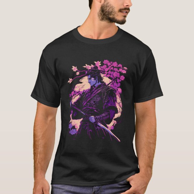 Japansk Vaporwave Samurai Cyberpunk Cherry Blosso T Shirt (Framsida)