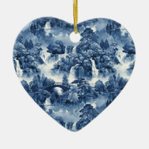 Japansk vatten-trädgård i blåvit porslin