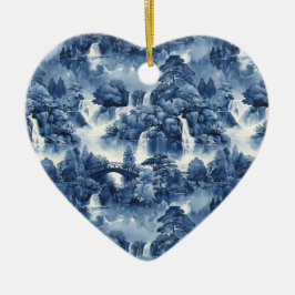 Japansk vatten-trädgård i blåvit porslin julgransprydnad keramik