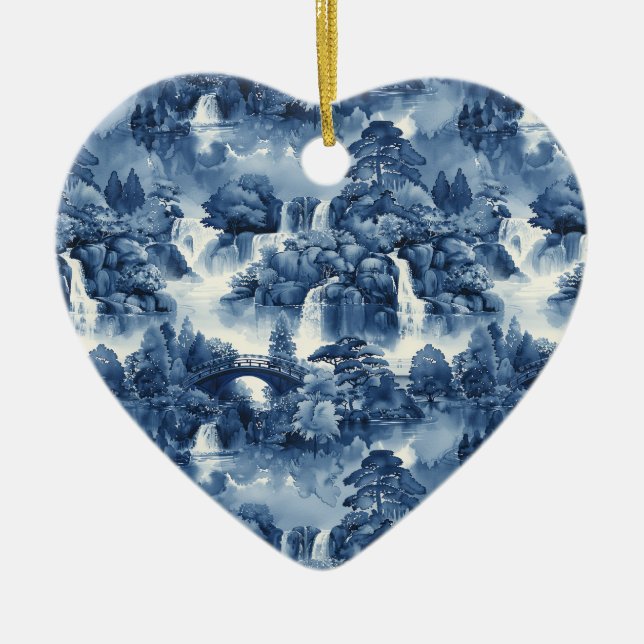 Japansk vatten-trädgård i blåvit porslin julgransprydnad keramik (Framsidan)